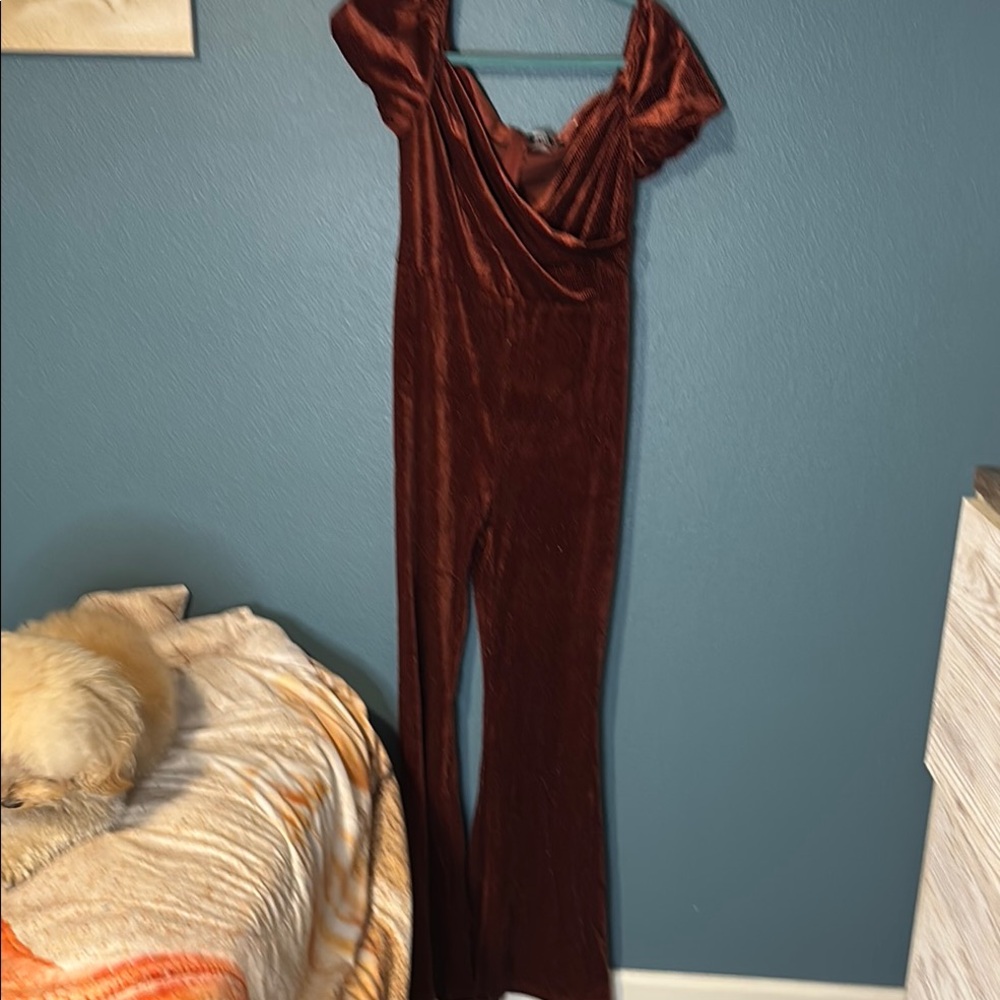 Chic Brown Velvet Jumpsuit with Wrap Bodice